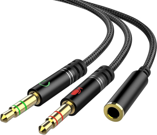 KOOPAO Headphone Mic Splitter for PC, 3.5mm Mic and Audio Y Splitter, 1 Female to 2 Male Aux Adapter Cable for Gaming Computer Laptop, TRRS Earphone or Headset (Black)