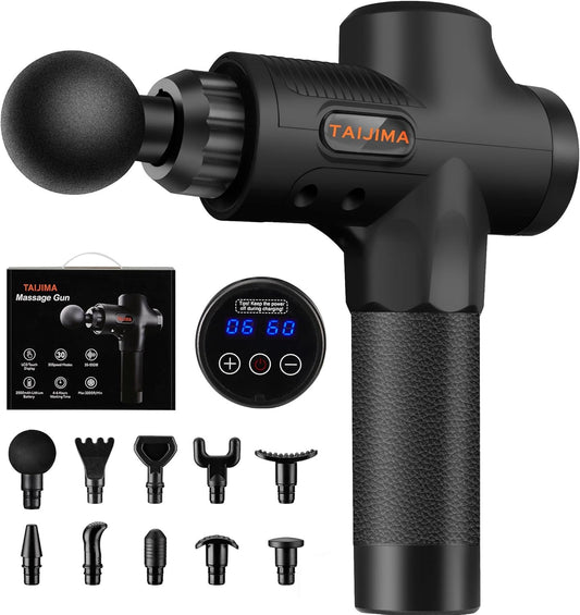 TAIJIMA Massage Gun,Muscle Massage Gun for Athletes,Handheld Deep Tissue Massager,Body Back Muscle Massager with 10 Massage Heads and LCD Touch Screen (Black)