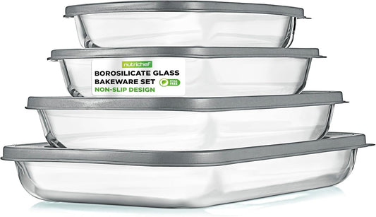 NutriChef 4-Piece Glass Baking Dish with Lids - Stackable Rectangular Glass Oven Bakeware w/Grey BPA-Free Lids - Baking Pans for Lasagna, Meatloaf, Casserole, Leftovers, & More, Dishwasher Safe