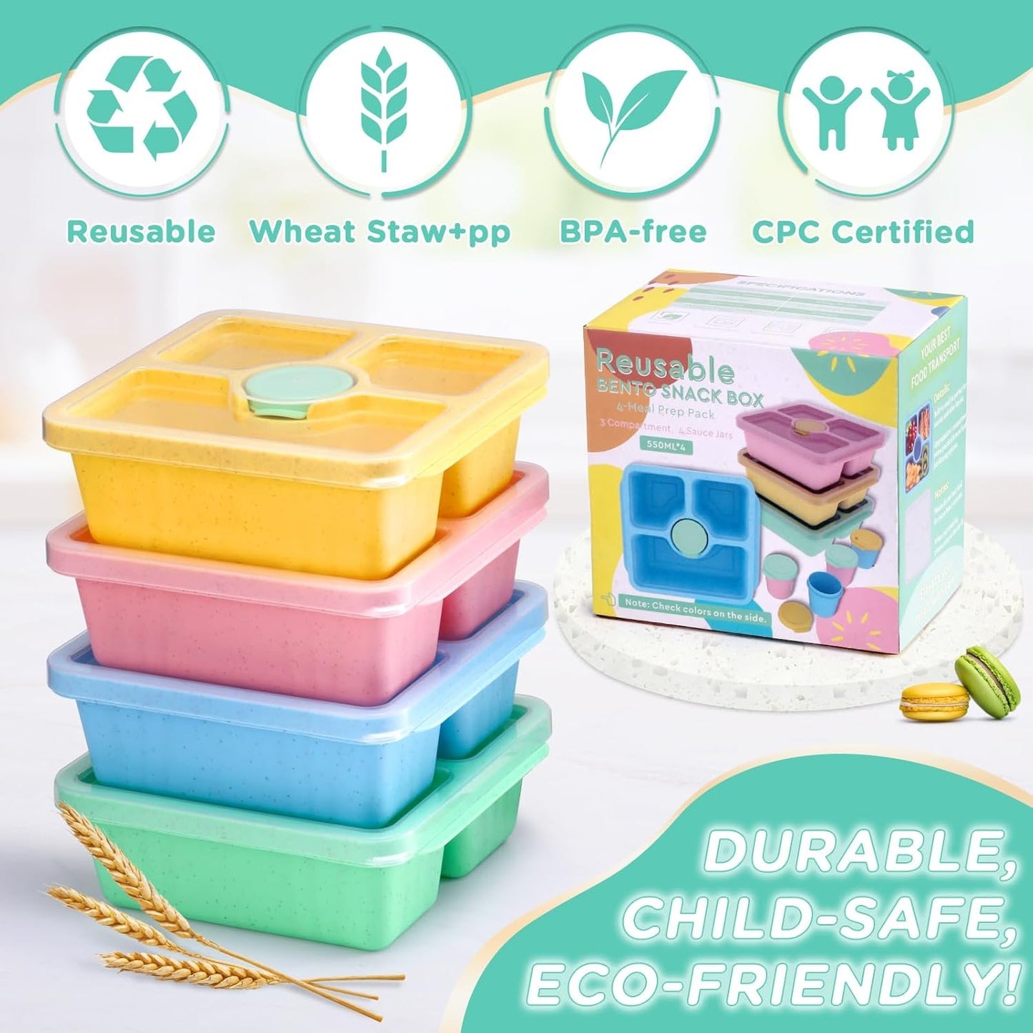 QQKO Bento Snack Box for Adults Kids, Lunchable Meal Prep Container Reusable, 4 Pack Divided Food Storage With Lids, Stackable Lunch Box With Sauce Cups, Pastel
