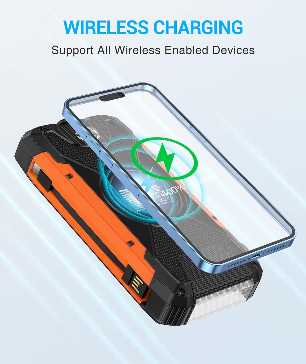 Solar Power Bank 38600mAh Solar Charger Built in 3 Cables Qi Wireless Portable Charger External Battery Pack 5V3A Fast Charge with 4 Outputs 2 Inputs and Led Flashlight Compass