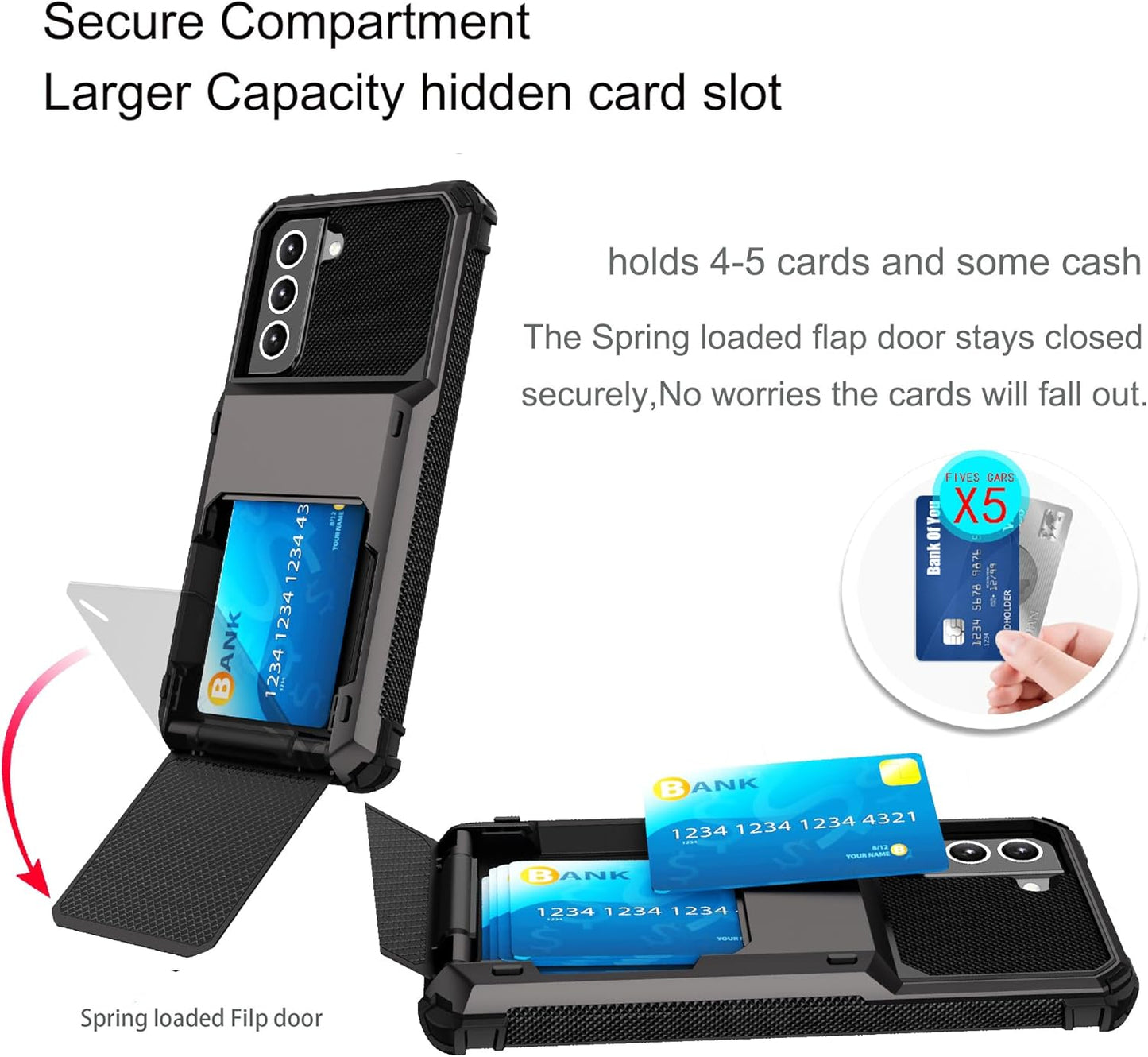 for Samsung S22 case with Card Holder[Store 5 Cards] Wallet Case, rojarou Samsung Galaxy S22 case with Hidden Card Slot Heavy Dual Layer Shockproof Protective Phone Cover for Samsung S22,Grey