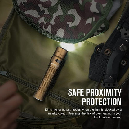 OLIGHT Warrior Mini2 Rechargeable Tactical Flashlight 1750 Lumens, Magnetic LED Flashlights with Dual Switch and Proximity Sensor for EDC, Camping, Outdoor, Emergency (Desert Tan)