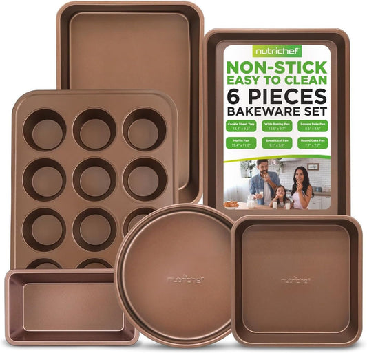 NutriChef Nonstick Bakeware Set – Copper Carbon Steel Baking Sheets & Trays, Quality Kitchenware for Cooking & Baking, Attractive Oven Trays, Durable, Easy Clean, 6pc