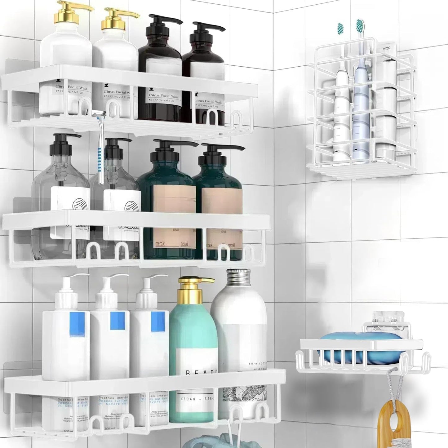 Adhesive Shower Caddy Organizer Shelves Rack - 5 Pack Corner Bathroom Storage Organization, Home & Kitchen Decor Inside RV Accessories, Hanging First Apartment Household Camper Essentials