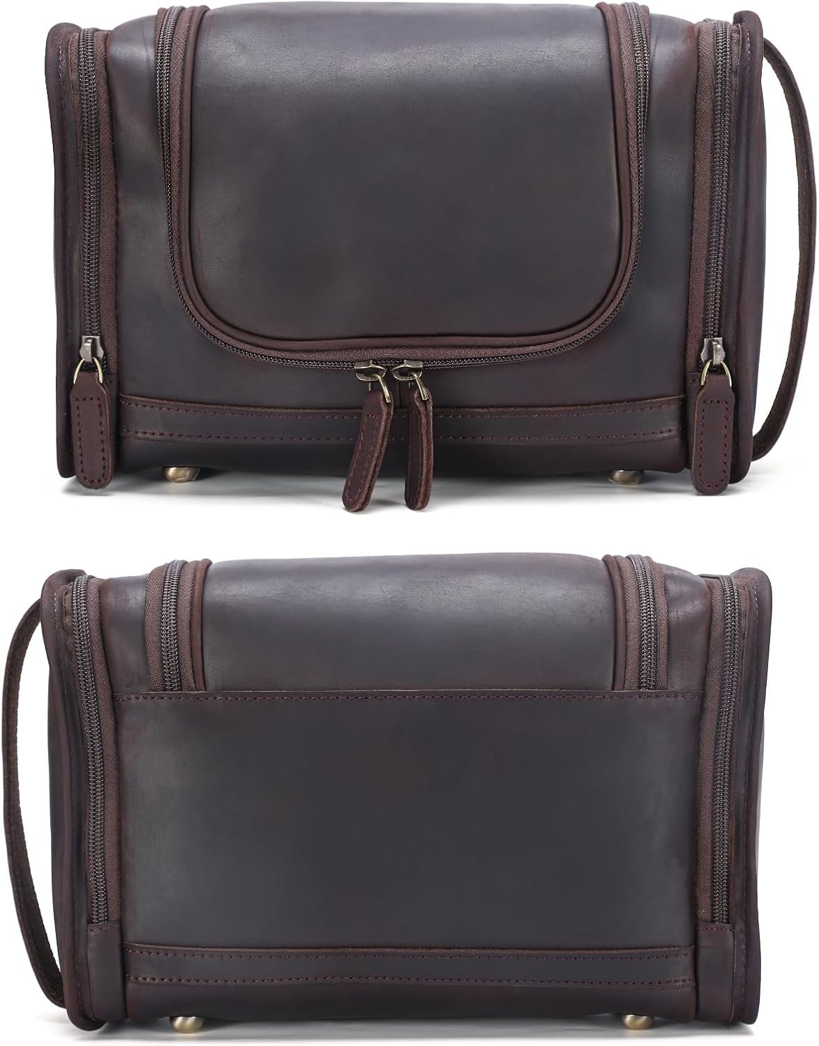Polare Full Grain Leather Toiletry Bag Travel Dopp Kit Makeup Cosmetic Organizer Shaving Kit Wash Case with Hanging