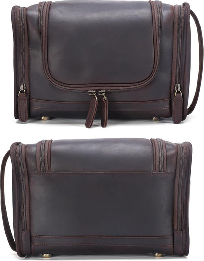 Polare Full Grain Leather Toiletry Bag Travel Dopp Kit Makeup Cosmetic Organizer Shaving Kit Wash Case with Hanging