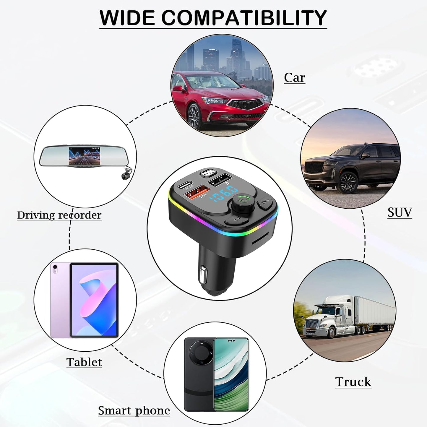 Bluetooth 5.3 FM Transmitter for Car, QC3.0 & PD 20W Bluetooth Car Aux with 2 USB and 1 Type-C Ports, Handsfree Calling Adapters