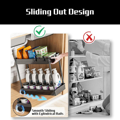 Cicilyna 2 Pack Under Sink Organizer, 2 Tier Bathroom Cabinet Organizers and Storage with Hook, Multi-purpose Storage Basket Shelf for Kitchen, Black
