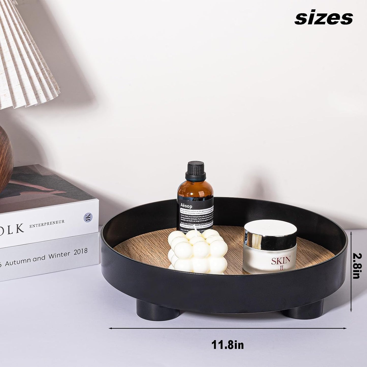 Decorative Tray Coffee Table Tray Round Trays for Home Decor Bathroom Counter Tray Perfume Organizer for Dining Table, Dresser, Kitchen,12 Inch, Black