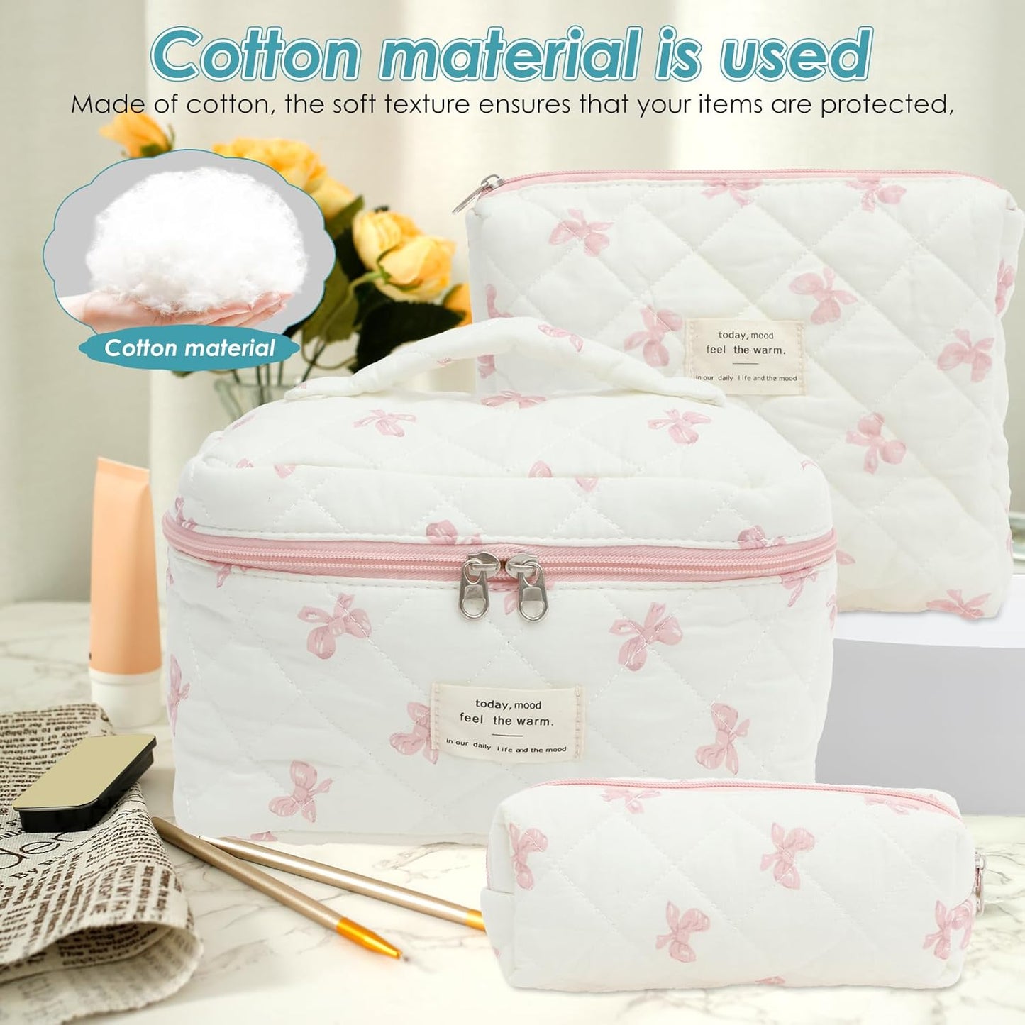 3 Pcs Makeup Bag Cosmetic Bag Cute Cotton Large Quilted Travel Makeup Pouch Multifunctional Cosmetic Pouch Set for Women Girls Ladies (Pink)