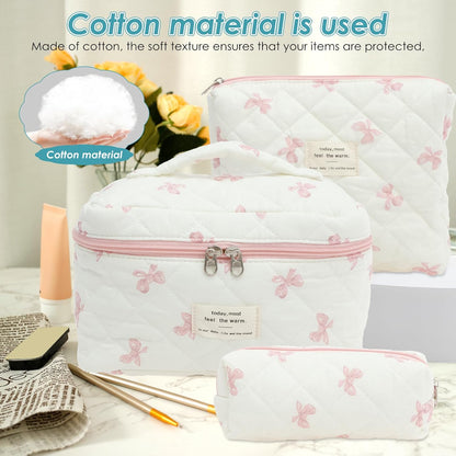 3 Pcs Makeup Bag Cosmetic Bag Cute Cotton Large Quilted Travel Makeup Pouch Multifunctional Cosmetic Pouch Set for Women Girls Ladies (Pink)