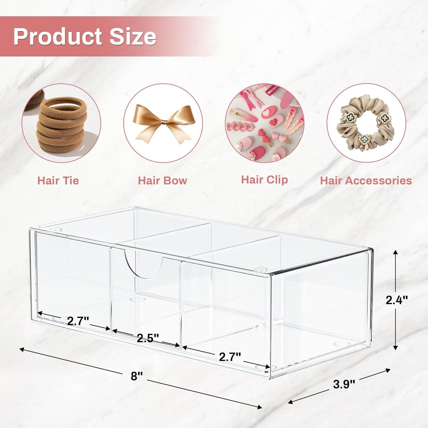 JDOTL Hair Accessories Organizer for Girls, Clear Acrylic Hair Bow Tie Clip Scrunchie Holder with Divider, Cute Small Stackable Storage Drawer Container Caddy Box for Bathroom Vanity Countertop