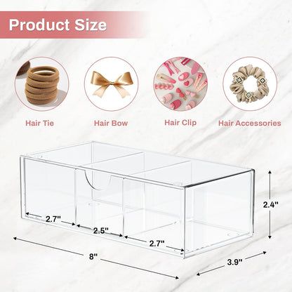 JDOTL Hair Accessories Organizer for Girls, Clear Acrylic Hair Bow Tie Clip Scrunchie Holder with Divider, Cute Small Stackable Storage Drawer Container Caddy Box for Bathroom Vanity Countertop