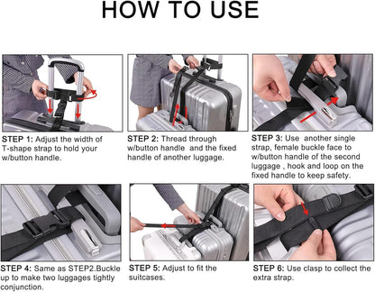 2 Pack Add a Bag Luggage Strap,Ling-Luo Adjustable Suitcase Belt Travel Attachment Travel Accessories for Connect Your 3 Luggages, Black