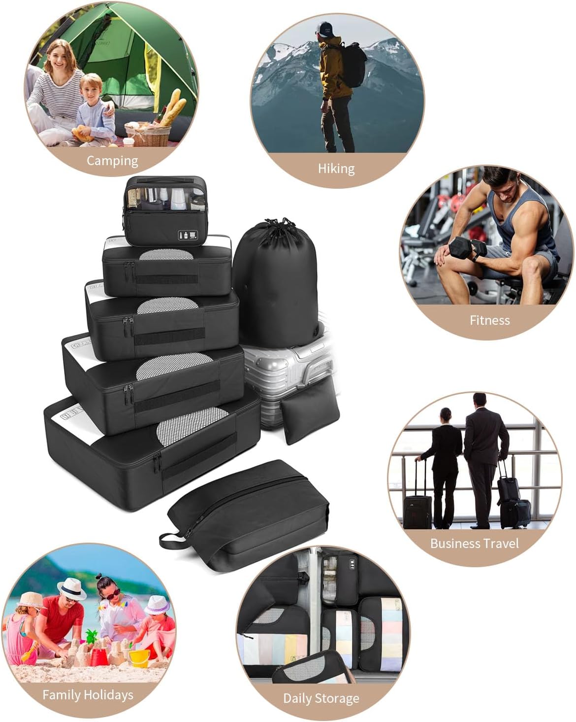 8 Pieces Space Saving Suitcase Organizer, Packing Cubes, Travel Travel Suitcase Organizer, Black
