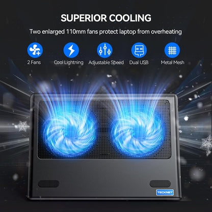 TECKNET Cooling Pad for 12"-15.6" Laptops, Gaming Stand With Adjustable Wind Speed, 2 USB Powered Fans for Devices Up to 16 Inch (Blue)