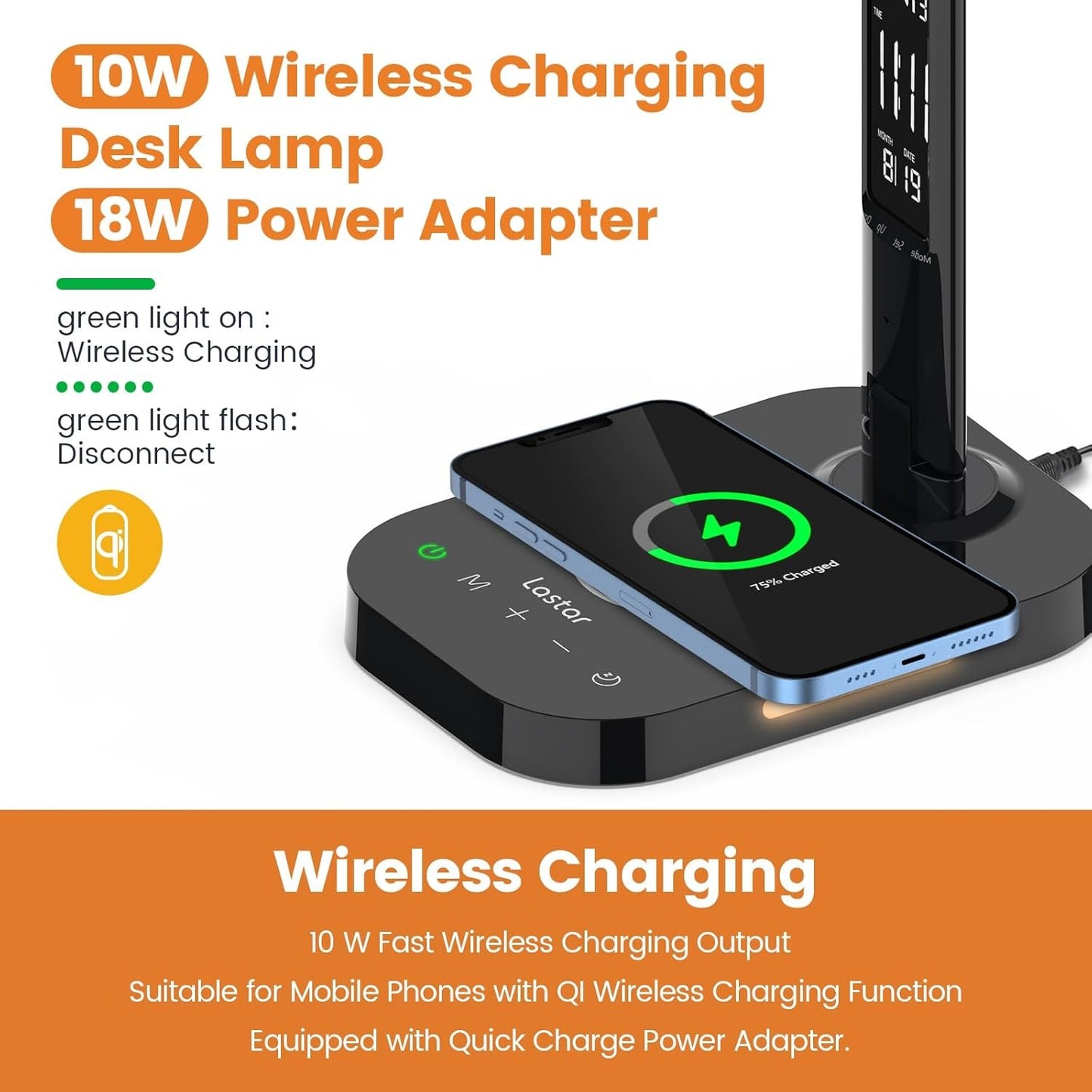 LASTAR Desk Lamp,Smart 18W Wireless Rechargeable Led Table Lamp, USB Charging, 5 Brightness Levels, 5 Colour Temperatures, Perpetual Calendar, Alarm Clock and Memory Function Desk Lamp for Home Office