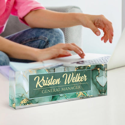 Name Plate for Desk, Personalized Green Office Decor, Acrylic Desktop Accessories, Gifts for Boss, Nurse, Teacher, Coworker, Employee Appreciation (Green Coast)