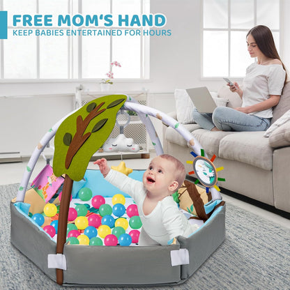 Baby Gym Play Mat, 8-in-1 Tummy Time Mat & Ball Pit with 6 Toys, Washable Baby Activity Play Mat for Visual, Hearing, Sensory, Motor Development, Baby Toys Toddler Infant 0-3-6-9-12 Month