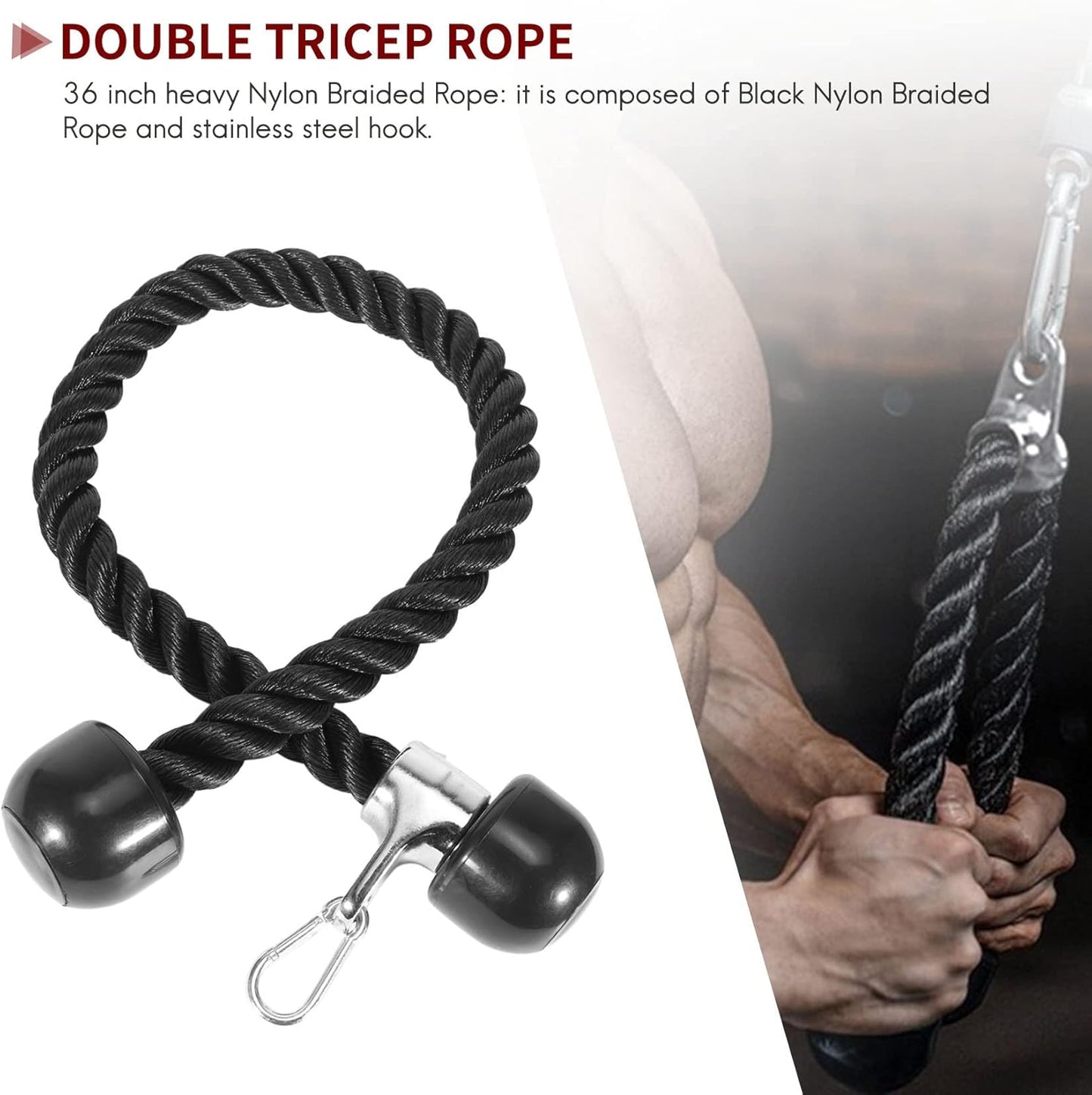 POOSR Heavy Duty Tricep Pull Down Rope 36 Inches with Snap Hook, Fitness Attachment Cable Machine Pulldown Rope for Home Gym