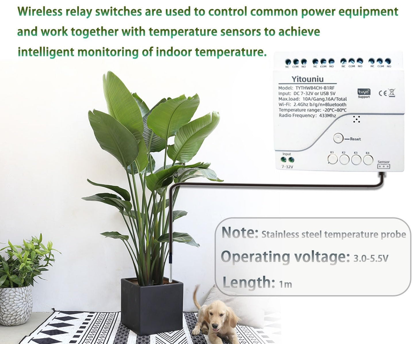 Yitouniu Tuya WiFi Temperature Sensor, 4CH Relay Switch, Independent Control, Home Automation,iOS Android Application, Dry contact,Compatible with Alexa and Google Home