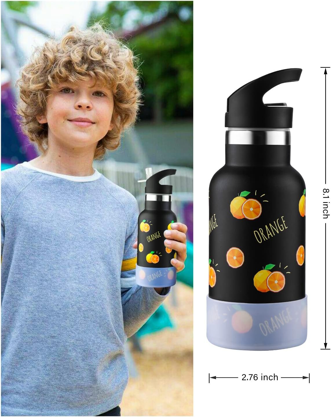 Sivaphe 12 oz Insulated Kids Water Bottle with Straw Lids, Stainless Steel Thermal Children Drinking Cup for School Girls Boys Students Orange Fruit 3D Printed