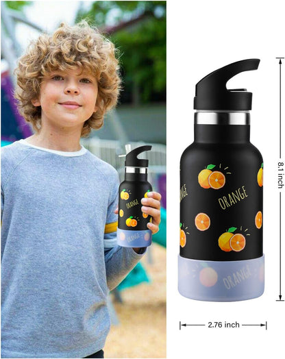 Sivaphe 12 oz Insulated Kids Water Bottle with Straw Lids, Stainless Steel Thermal Children Drinking Cup for School Girls Boys Students Orange Fruit 3D Printed