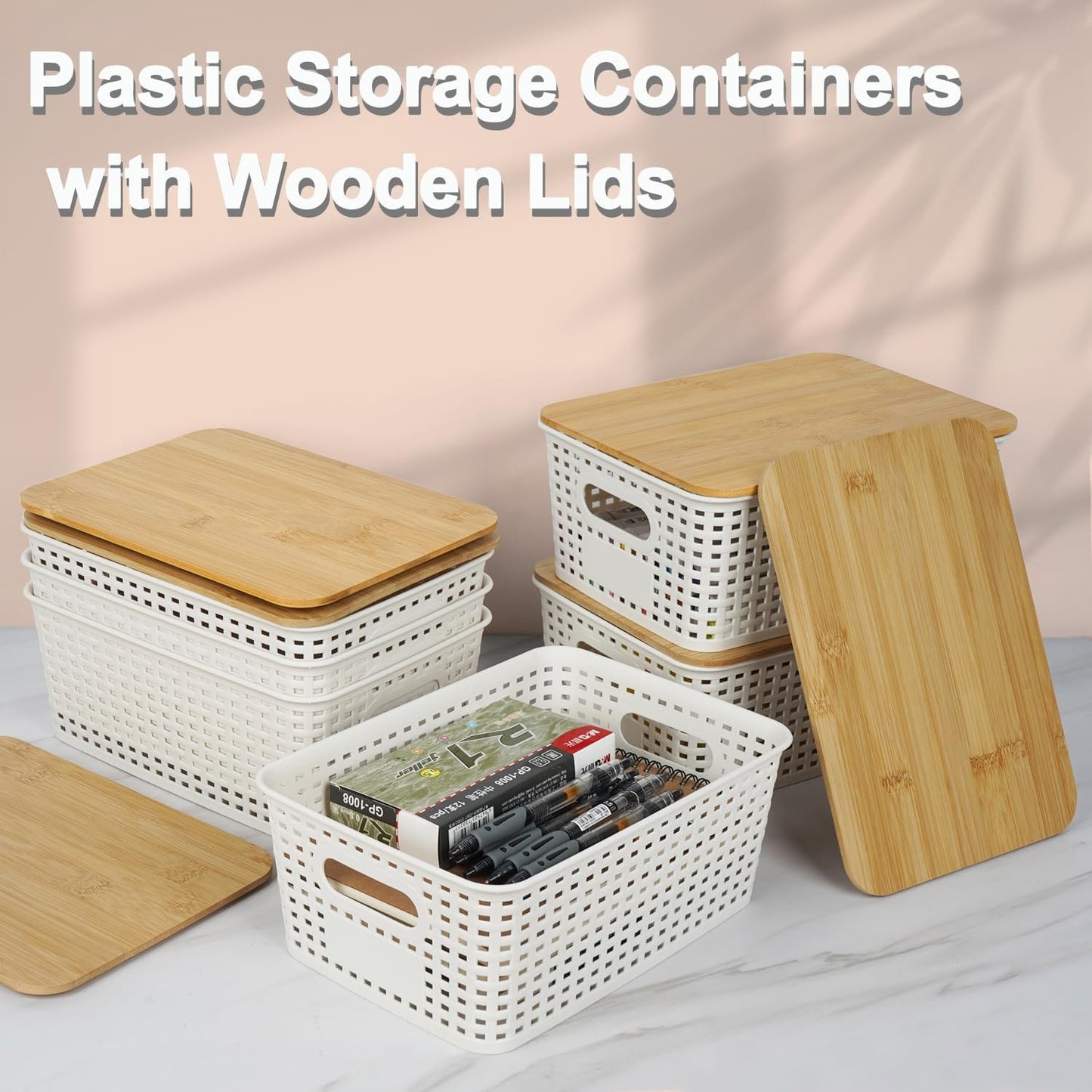 UHAPEER 6 PCS Storage Bins with Bamboo Lids Plastic Baskets Plastic Storage Containers for Organizing Stackable Storage Box with Handle for Shelves Drawers Desktop Closet Classroom Officeï¼ˆWhiteï¼‰