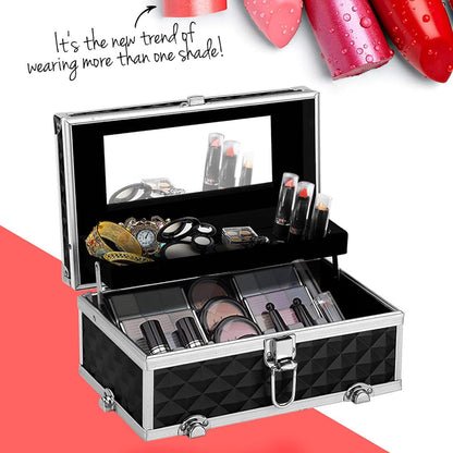 Embellir Makeup Case, Aluminium Beauty Cases Suitcase Make Up Large Organisers Storage Portable Toiletry Cosmetic Box Travel Indoor Outdoor Accessories, with 2 Sliding Trays Level Section Black