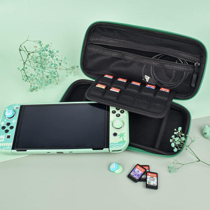 DLseego Animal Crossing Switch/Switch OLED Carrying Case Protective Hard Shell 10 Game Card Slots Slim Travel Storage Bag Switch/Switch OLED Accessories with 4PCS New Leaf Thumb Grips Caps