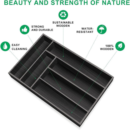Kitchen Wood Utensil Tray Drawer Organizer, Wooden Cutlery Tray Silverware Drawer Divider 14.6"x9.5" Flatware Organizer Black Bamboo Silverware Tray Cutlery Utensil Holder for Drawer Tray