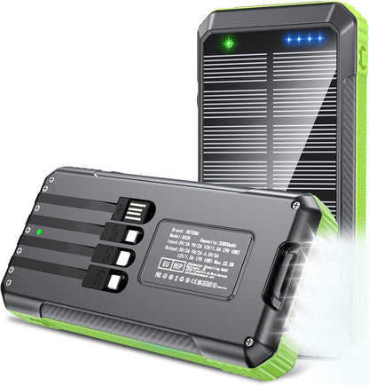 Solar Power Bank 33800mAh Built in 4 Cables, 22.5W USB C Fast Charging Portable Phone Charger, 6 Outputs & 4 Inputs with LED Camping Lights Battery Pack for Outdoor iPhone Samsung Tablet (Green)