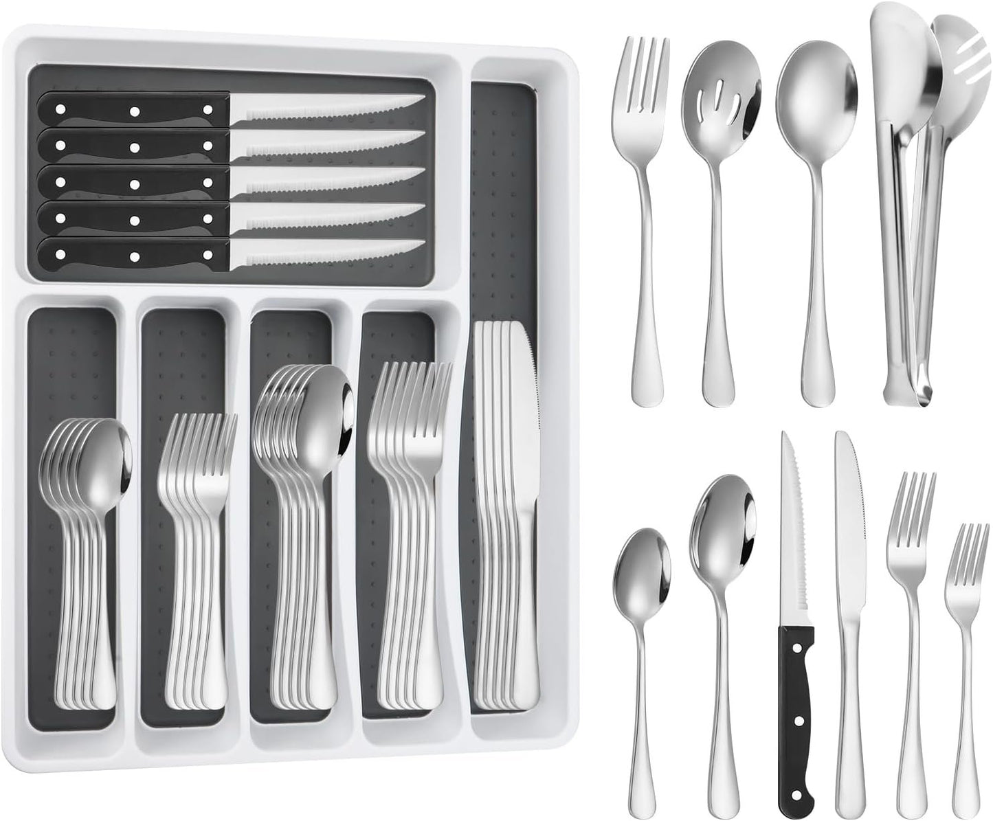 Silverware Set with Organizer, 53PCS Stainless Steel Flatware Set for 8 Steak Knives, Include Spoons and Forks Set & Serving Utensils, Mirror Polished, Dishwasher Safe, Silver