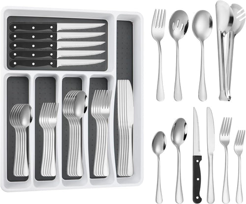 Silverware Set with Organizer, 53PCS Stainless Steel Flatware Set for 8 Steak Knives, Include Spoons and Forks Set & Serving Utensils, Mirror Polished, Dishwasher Safe, Silver