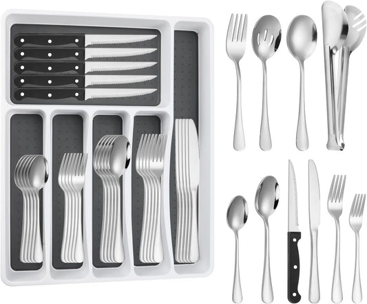 Silverware Set with Organizer, 53PCS Stainless Steel Flatware Set for 8 Steak Knives, Include Spoons and Forks Set & Serving Utensils, Mirror Polished, Dishwasher Safe, Silver