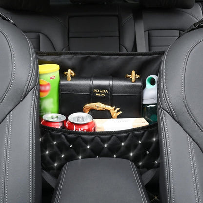 Leberna Car Seat Handbag Holder Pocket - Leather Storage Net Pocket with Diamond Bling Handbag Holder Between Car Seat Black Car Organizer
