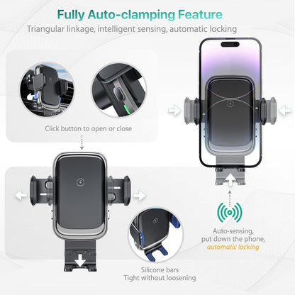 Soflame Wireless Car Charger, 15W Full Auto-Clamping Fast Charging Air Vent Car Wireless Charger for iPhone 16 Series/15 Series/14 Series/11-13 Series/Xr/8, Samsung S23/S22/S21/Note 20