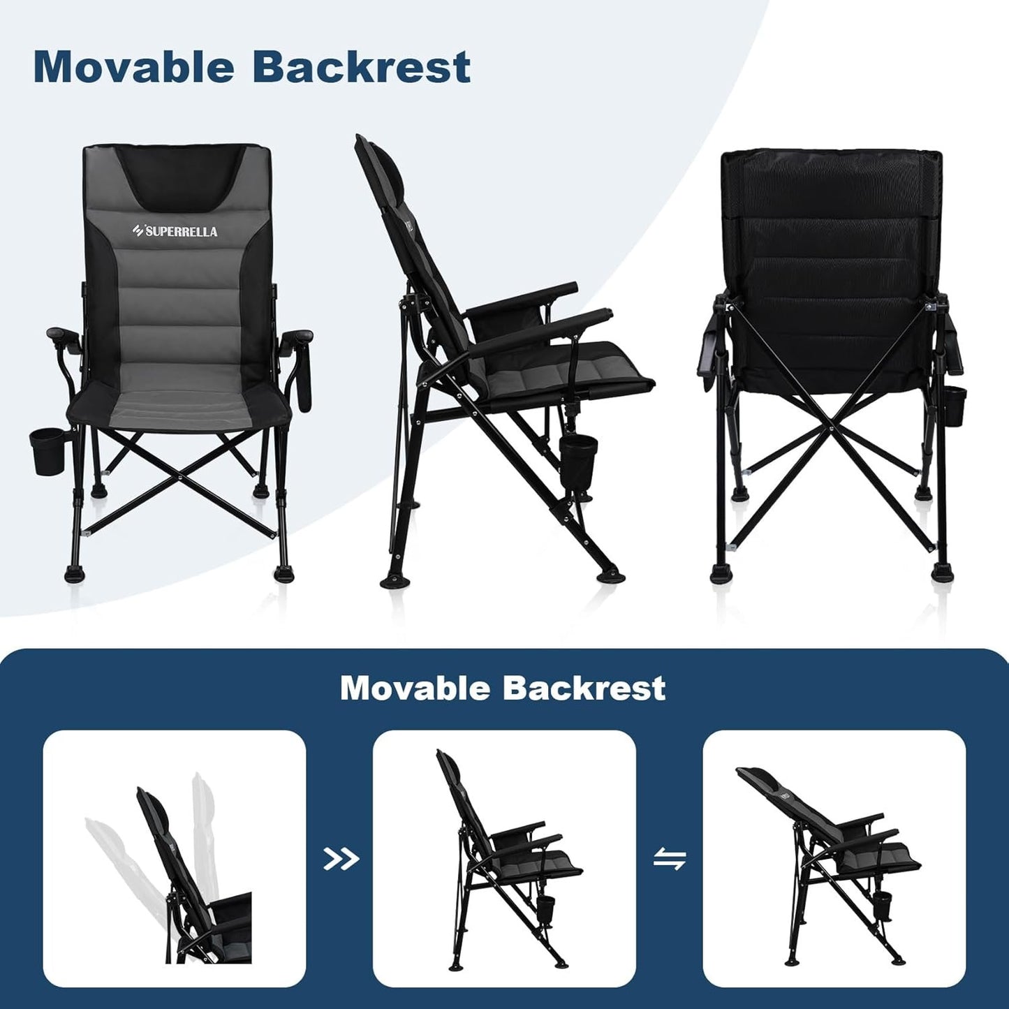 Superrella Movable Backrest Camping Chair for Adults with Cup Holder Folding Lawn Chairs for Outdoor Activities, Beach, Sports, Travel & Picnic, Black & Grey