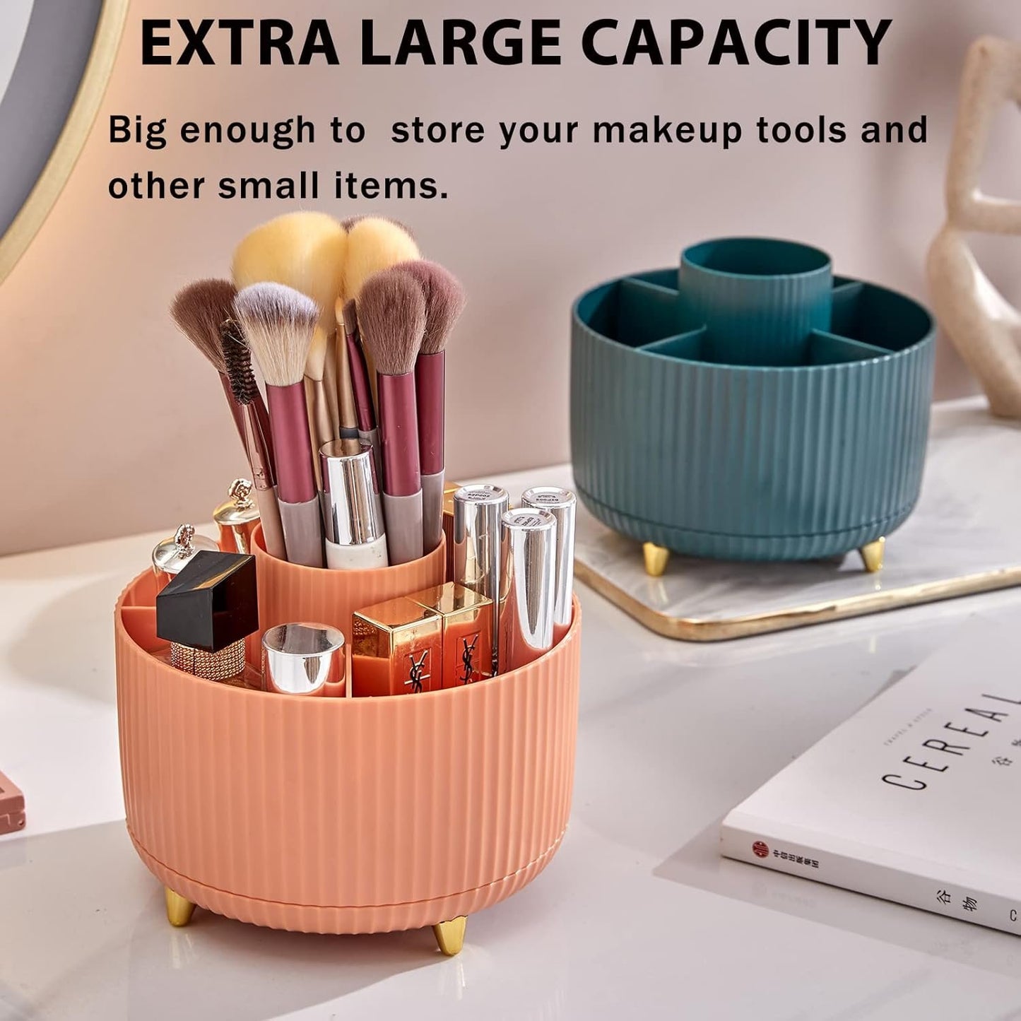 Makeup Brush Holder Organizer,360° Rotating Make up Organizer Storage,5 Slot Makeup Brushes Cup,for Vanity Decor,Bathroom Countertops,Desk Storage Container,Cosmetic Display Cases