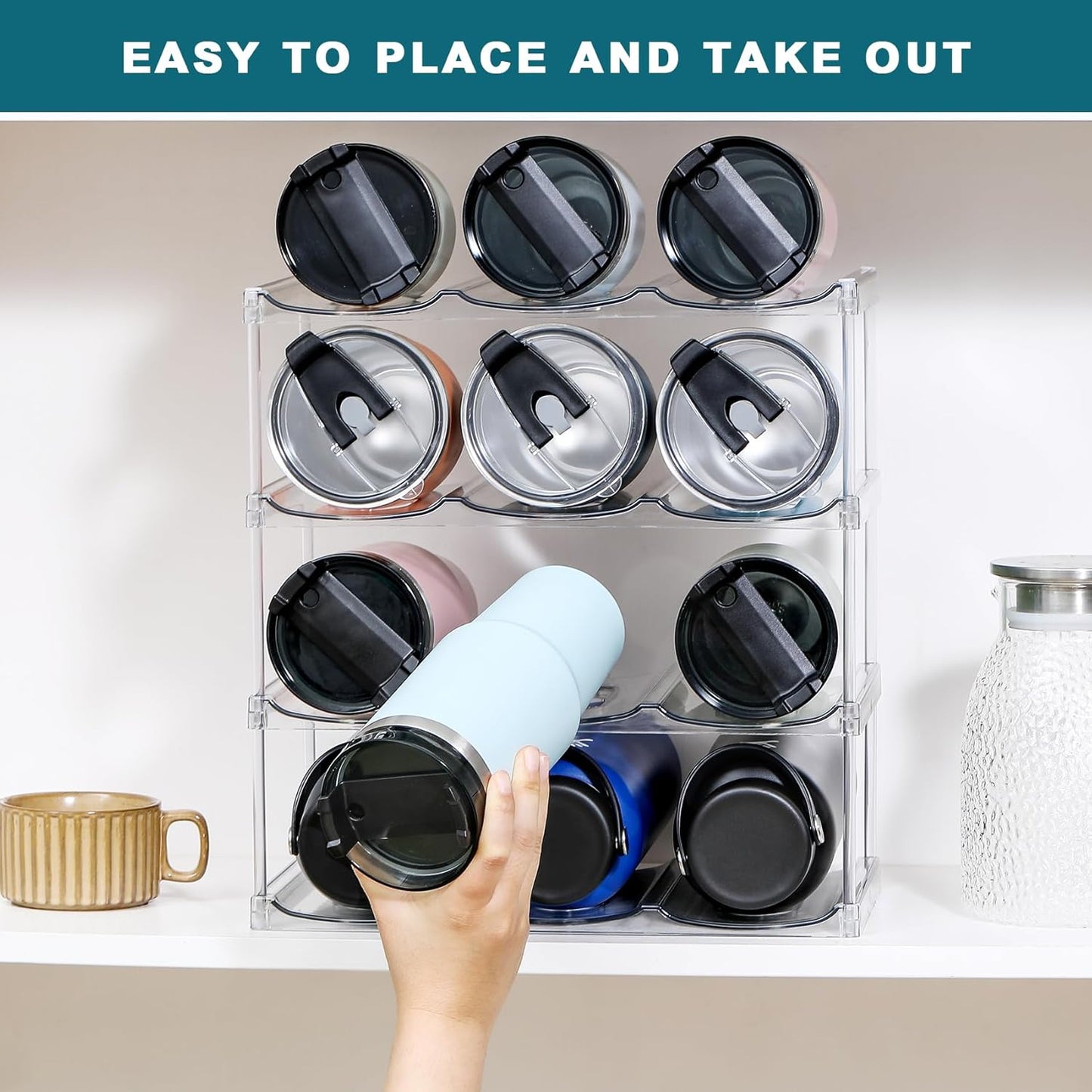 LARGER Compartment - Stackable Water Bottle Organizer Holder - for Stanley & Others' Large Tumbler - Clear Wine Rack, Cup Bottle Holder for Cabinet Home Countertop Fridge Pantry Shelf, 4 Tier Hold 12