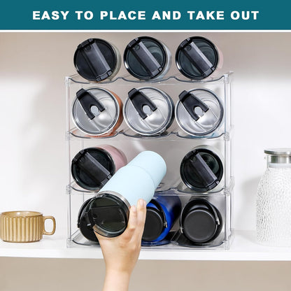 LARGER Compartment - Stackable Water Bottle Organizer Holder - for Stanley & Others' Large Tumbler - Clear Wine Rack, Cup Bottle Holder for Cabinet Home Countertop Fridge Pantry Shelf, 4 Tier Hold 12