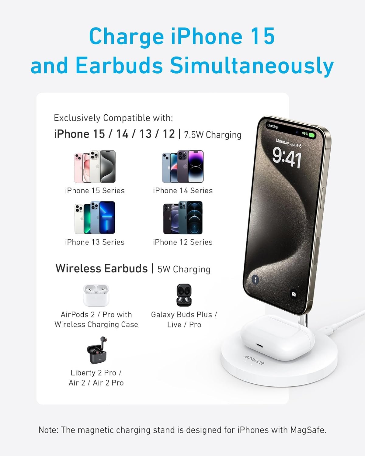 Anker iPhone 16 Wireless Charging Stand, PowerWave 2-in-1 Magnetic Stand Lite with USB-C Cable, for iPhone 16/15/14/13 Series, AirPods (No AC Adapter)