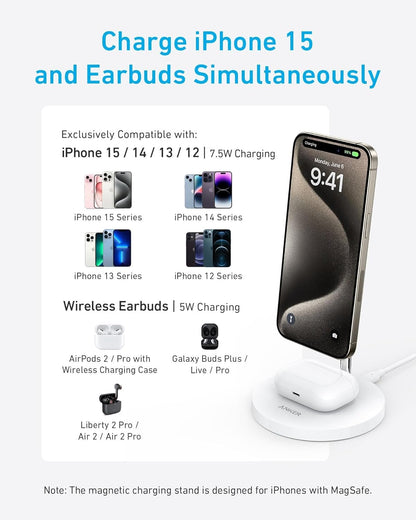 Anker iPhone 16 Wireless Charging Stand, PowerWave 2-in-1 Magnetic Stand Lite with USB-C Cable, for iPhone 16/15/14/13 Series, AirPods (No AC Adapter)