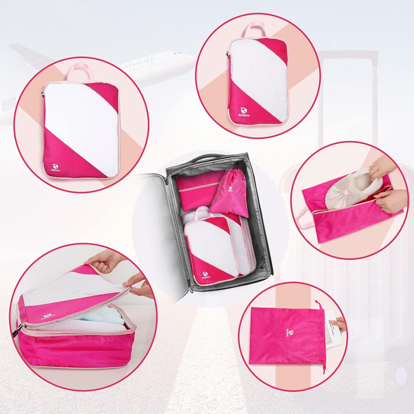AiQInu 5 Piece Suitcase Organizer, Compression Packing Cube Space-Saving Expandable Ultralight Travel Organizer for Clothes, Shoes, Underwear Travel Set for Backpacks or Hand Luggage (Pink)