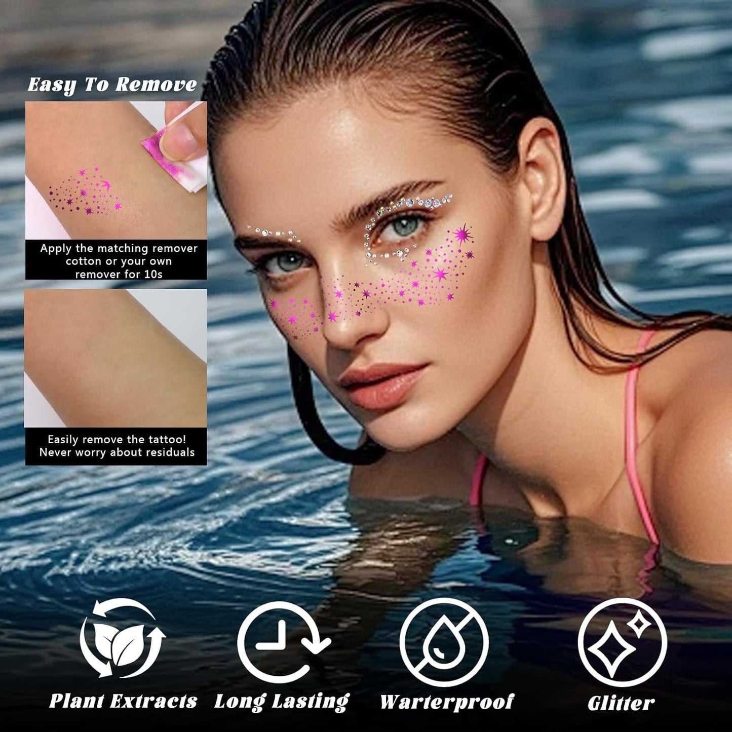 HOSAILY 6 pcs Gold+Rose Red Glitter Freckles Face Tattoo, Sparkle Face Glitter Makeup for Women, 3 pcs Gems Jewels Pearl Half Magic Stickers Fairy Mermaid Makeup for Festival Rave Party Accessories