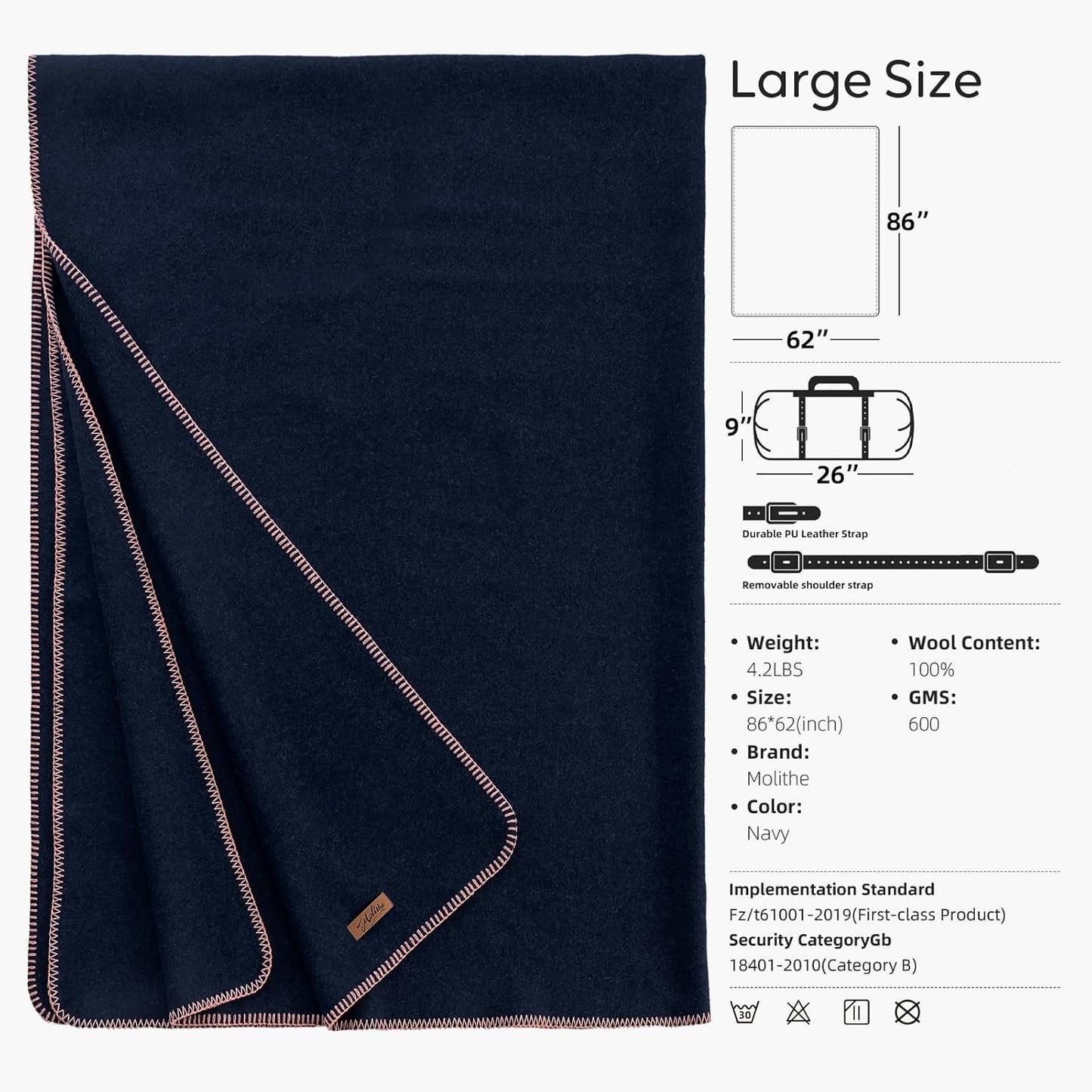 Molithe 100% Wool Blanket, 62" x 86", Warm, Thick, Washable, Military Wool Blanket, Great for Camping, Outdoors, Sporting Events, Survival Kits