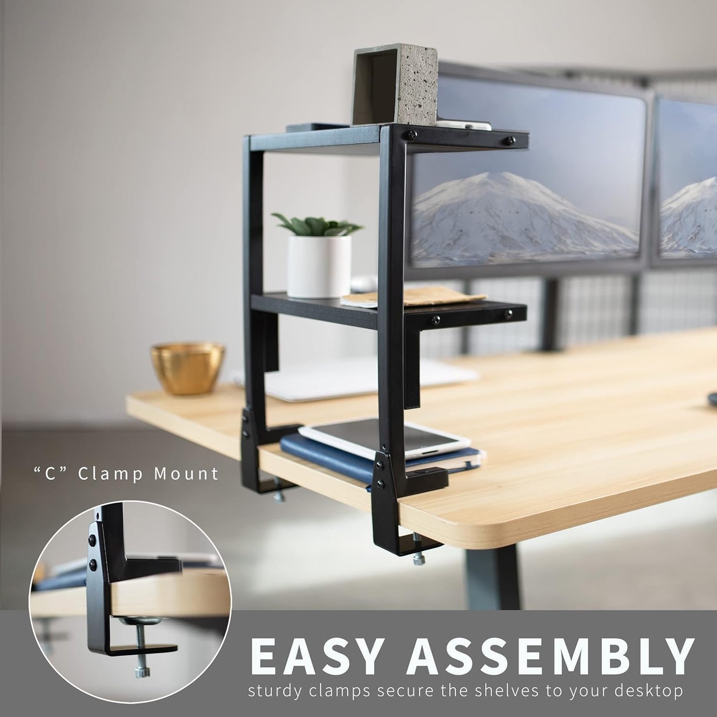VIVO Clamp-on 33cm Above or Below Desk 2-Tier Shelving Unit for Table Accessories, Gaming Devices, and More, Storage Tray, Desktop Organizer, Black, STAND-SHELF2C
