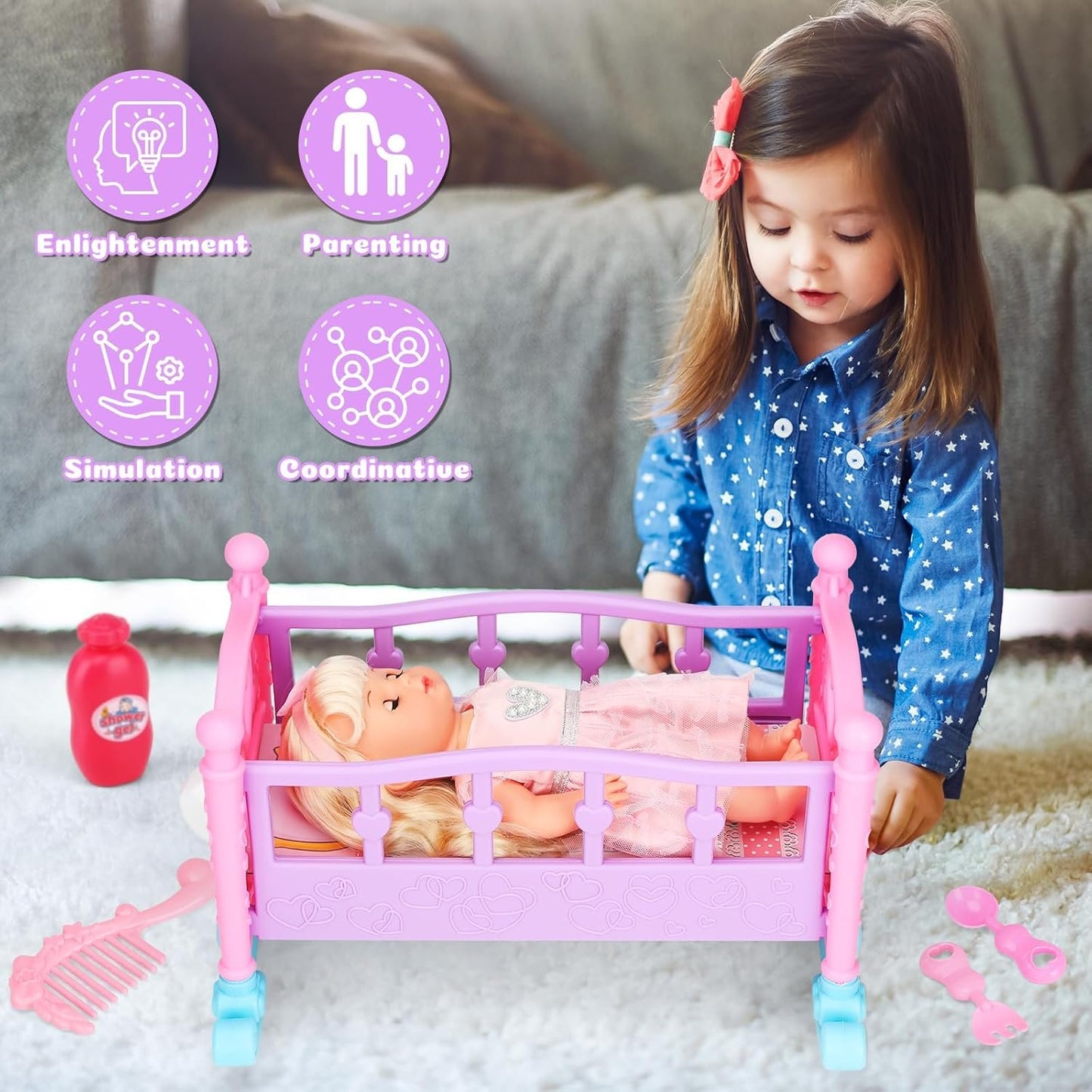 “12" Realistic Baby Doll Set with Crib & Accessories, Pretend Play Toys for 3+ Year Old Girls& Boys, Includes Feeding Set, Doll Clothes & Montessori Toys, Birthday Gift for Kids Toddlers