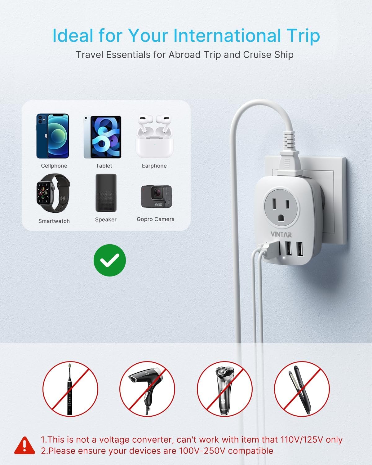 Israel Power Adapter, VINTAR Type H Travel Plug Adapter with 1 USB C, 2 American Outlets and 3 USB Ports, 6 in 1 International Power Adapter for Canada to Israel,Jerusalem,Palestine(Type H)
